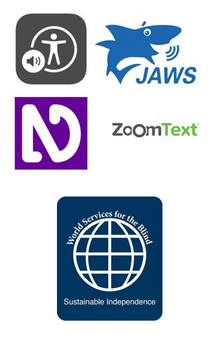 Logos for ios accessibility, nvda, jaws, and zoomtext, along with a logo for world services for the blind
