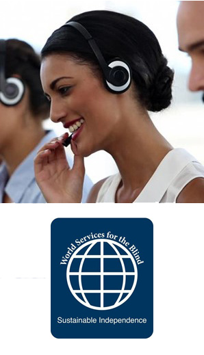 Woman smiling using a headset along with a logo for world services for the blind