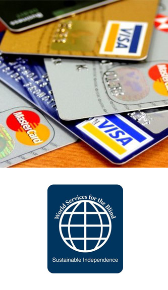 various credit cards along with a logo for world services for the blind